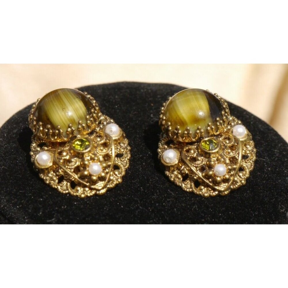 West Germany Brass Filigree Porphyry Glass Cabochon Pearl Rhinestone Earrings